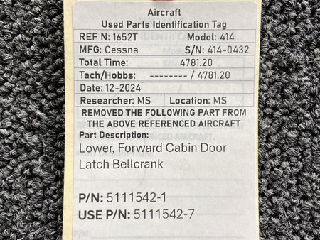 Cessna Aircraft Parts 5111542-1 (Use: 5111542-7) Cessna 414 Lower, Forward Cabin Door Latch Bellcrank