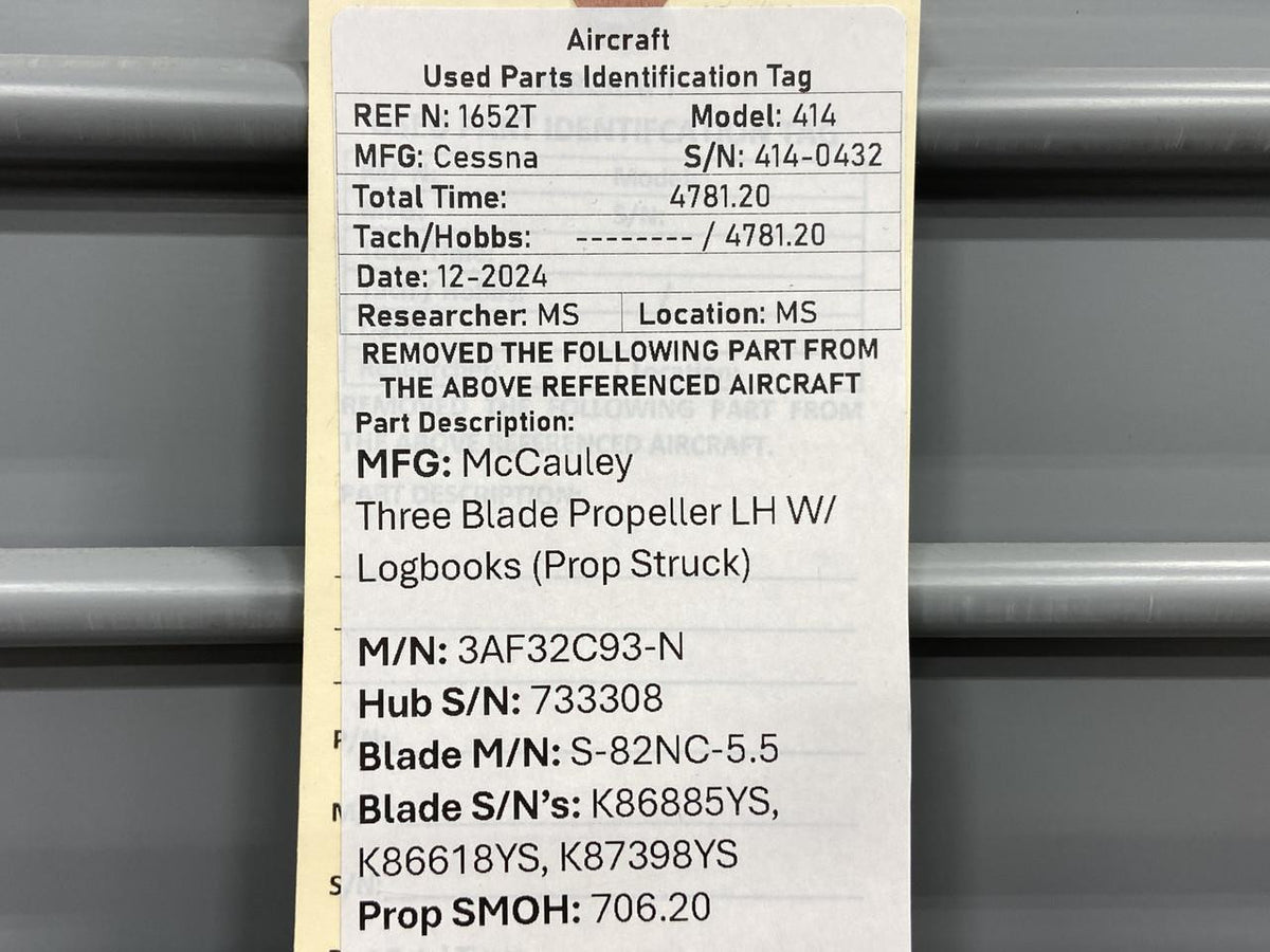 McCauley 3AF32C93-N McCauley Three Blade Propeller LH w Logbooks (Prop Struck, Core)