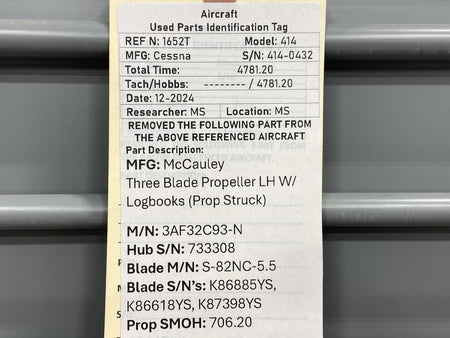 McCauley 3AF32C93-N McCauley Three Blade Propeller LH w Logbooks (Prop Struck, Core)