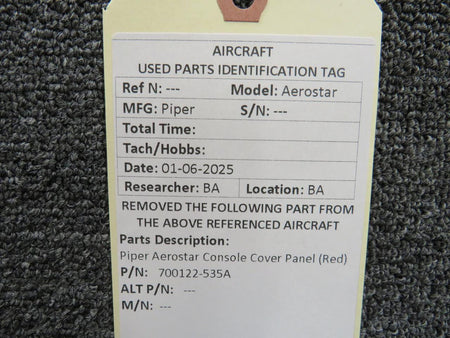 Piper Aircraft Parts 700122-535A Piper Aerostar Console Cover Panel (Red)