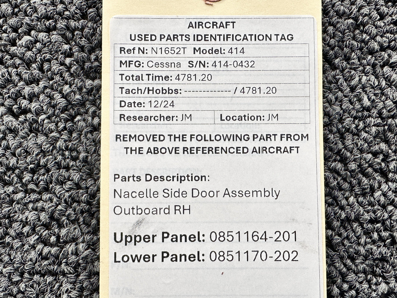 0851170-202, 0851164-201 Cessna 414 Nacelle Side Door Assembly