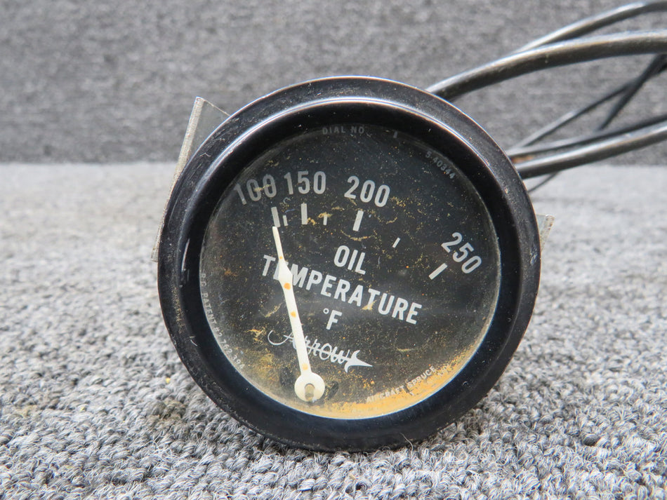 5-40344 Rochester Arrow Oil Temperature Gauge w Probe (Worn Face) (Inop) (Core)