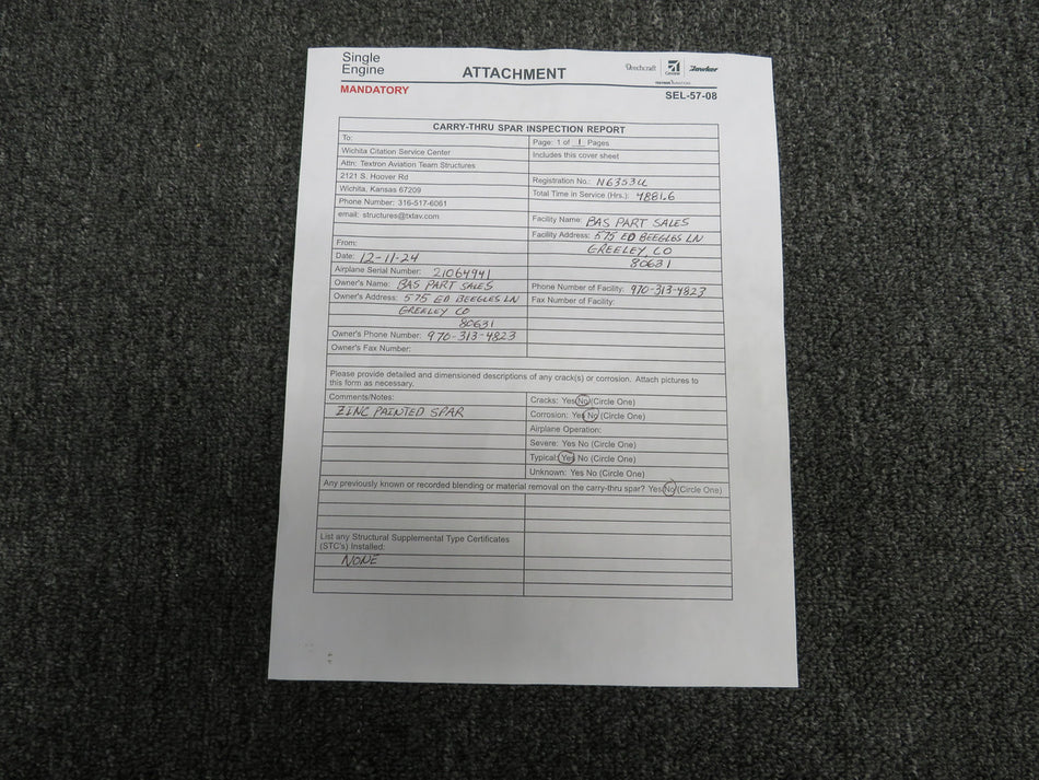 2110001-3 Cessna T210R Center Section Cantilever Wing Spar (Inspected)