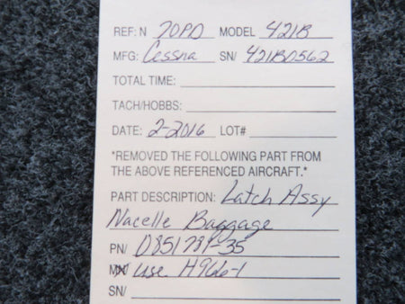 0851781-35 (Use: H966-1) Cessna 421B Latch Assembly Baggage Nacelle (White) BAS Part Sales | Airplane Parts