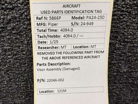 Piper Aircraft Parts 22046-002 Piper PA24-250 Visor Assembly (Damaged)