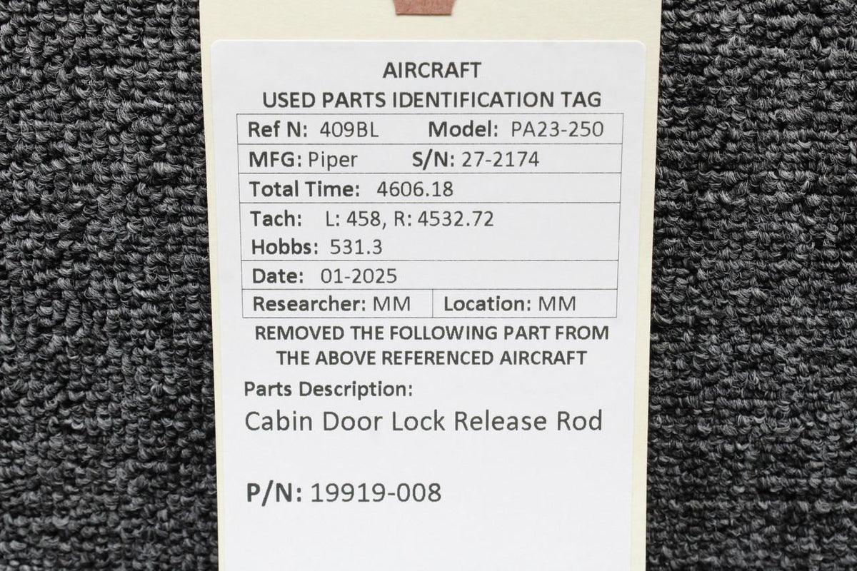Piper Aircraft Parts 19919-008 Piper PA23-250 Cabin Door Lock Release Rod