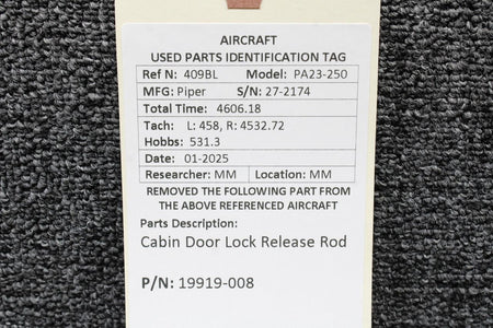 Piper Aircraft Parts 19919-008 Piper PA23-250 Cabin Door Lock Release Rod