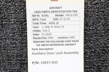 Piper Aircraft Parts 19837-000 Piper PA23-250 Auxiliary Door Lock Assembly