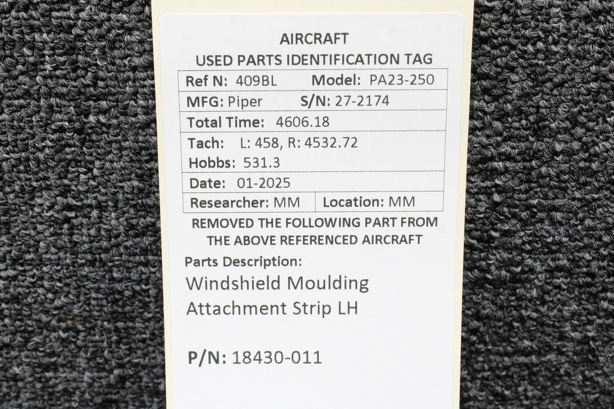 Piper Aircraft Parts 18430-011 Piper PA23-250 Windshield Moulding Attachment Strip LH