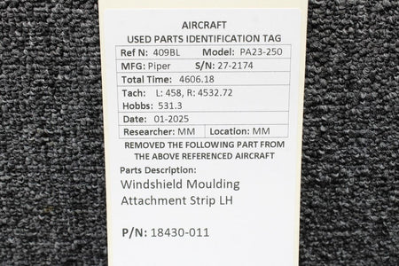 Piper Aircraft Parts 18430-011 Piper PA23-250 Windshield Moulding Attachment Strip LH