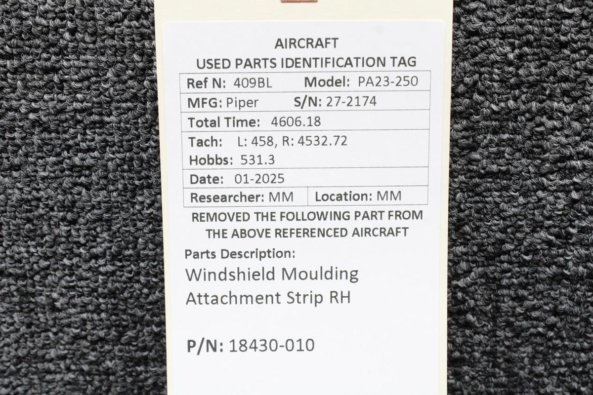 Piper Aircraft Parts 18430-010 Piper PA23-250 Windshield Moulding Attachment Strip RH