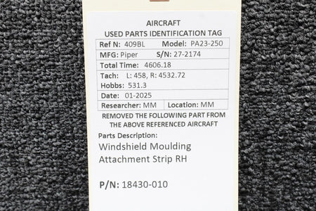 Piper Aircraft Parts 18430-010 Piper PA23-250 Windshield Moulding Attachment Strip RH