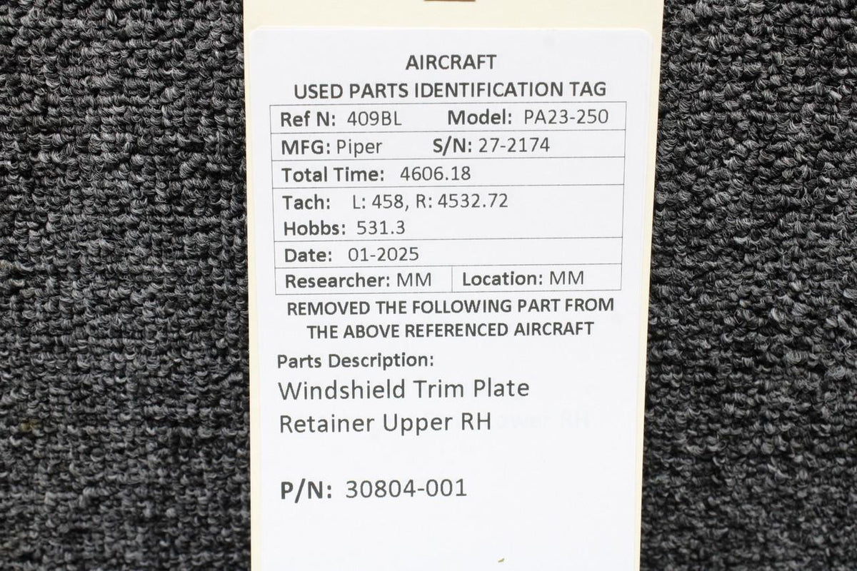 Piper Aircraft Parts 30804-001 Piper PA23-250 Windshield Trim Plate Retainer Upper RH