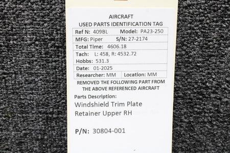 Piper Aircraft Parts 30804-001 Piper PA23-250 Windshield Trim Plate Retainer Upper RH