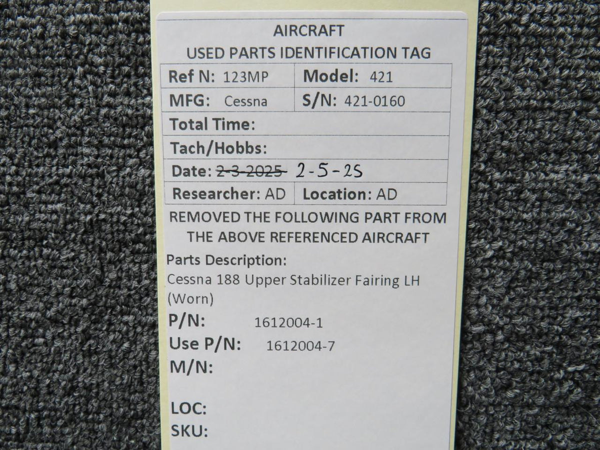 Cessna Aircraft Parts 1612004-1 (Use: 1612004-7) Cessna 188 Upper Stabilizer Fairing LH (Worn)