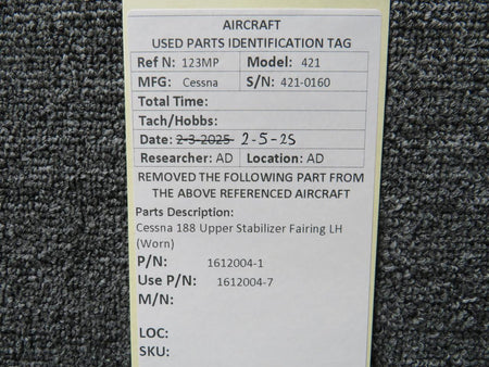 Cessna Aircraft Parts 1612004-1 (Use: 1612004-7) Cessna 188 Upper Stabilizer Fairing LH (Worn)