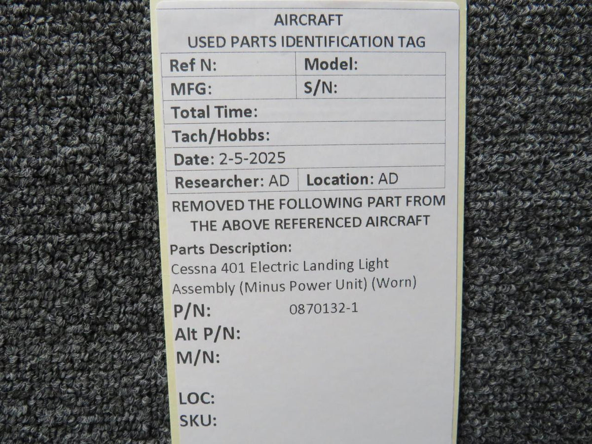 Cessna Aircraft Parts 0870132-1 Cessna 401 Electric Landing Light Assembly (Minus Power Unit) (Worn)