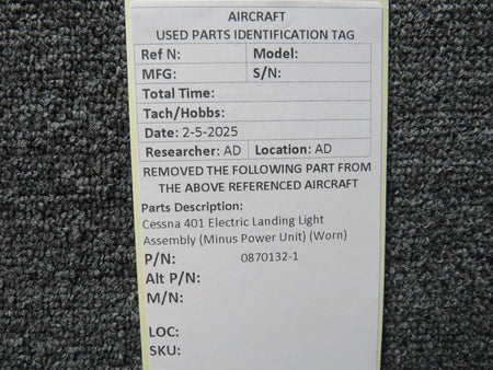 Cessna Aircraft Parts 0870132-1 Cessna 401 Electric Landing Light Assembly (Minus Power Unit) (Worn)