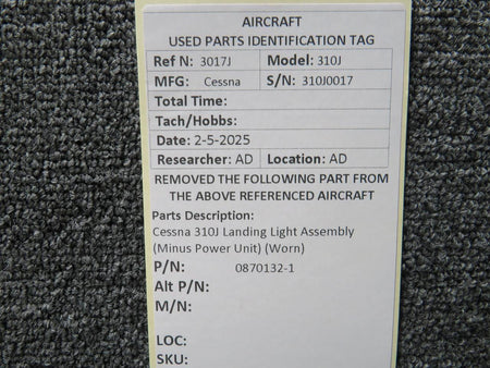 Cessna Aircraft Parts 0870132-1 Cessna 310J Landing Light Assembly (Minus Power Unit) (Worn)