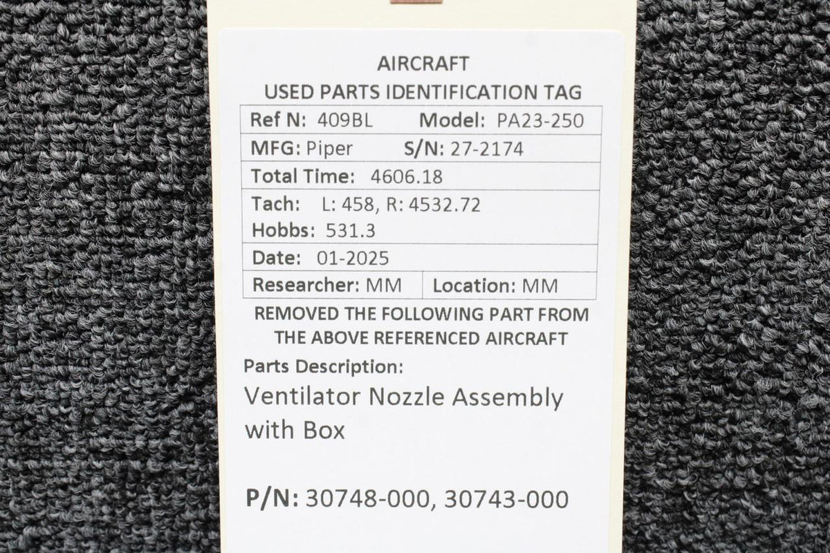 Piper Aircraft Parts 30748-000, 30743-000 Piper PA23-250 Ventilator Nozzle Assembly with Box