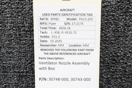 Piper Aircraft Parts 30748-000, 30743-000 Piper PA23-250 Ventilator Nozzle Assembly with Box