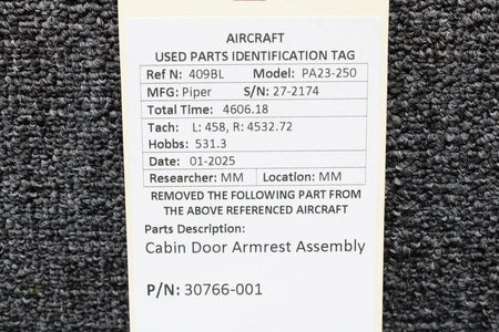 Piper Aircraft Parts 30766-001 Piper PA23-250 Cabin Door Armrest Assembly