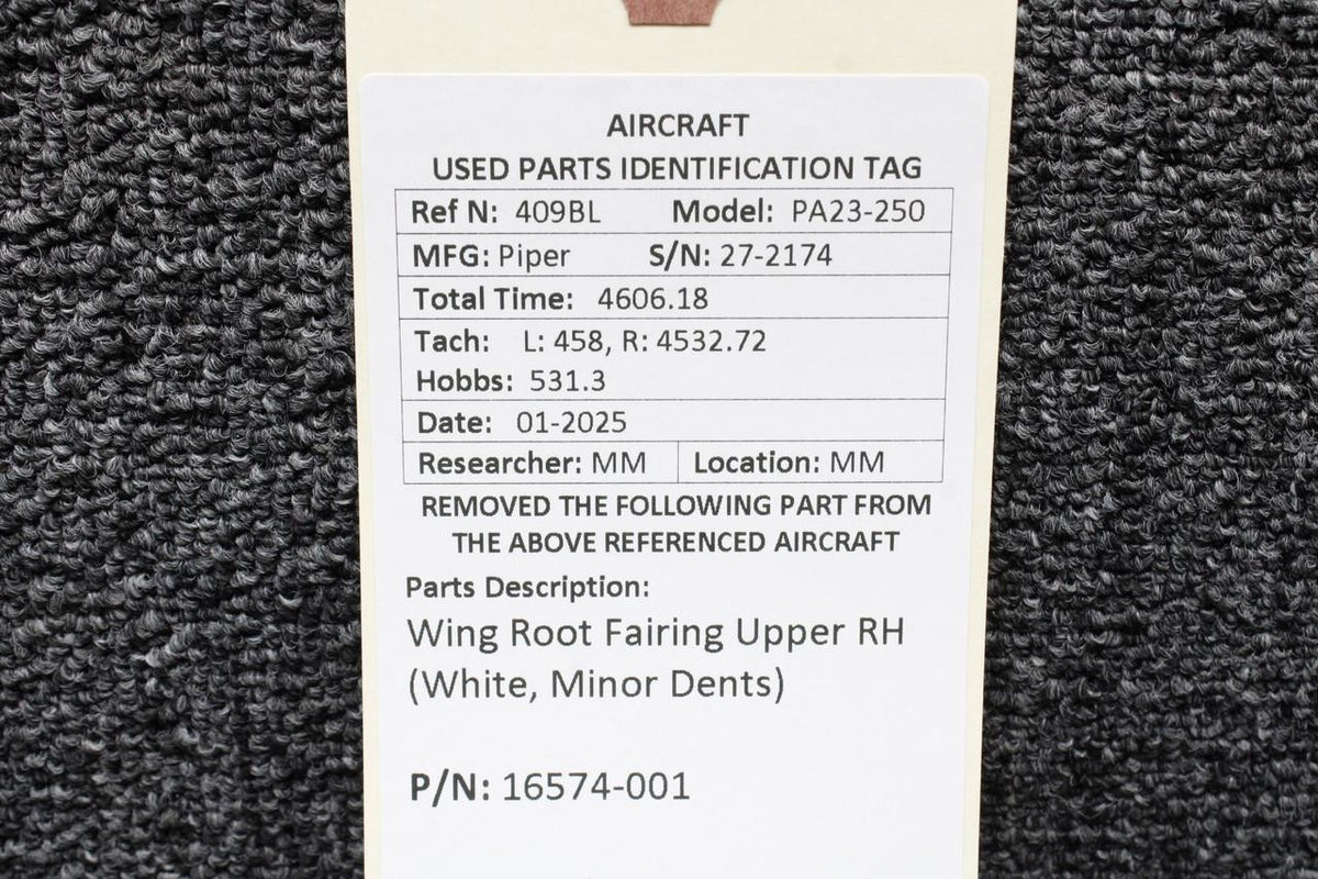 Piper Aircraft Parts 16574-001 Piper PA23-250 Wing Root Fairing Upper RH (White, Minor Dents)