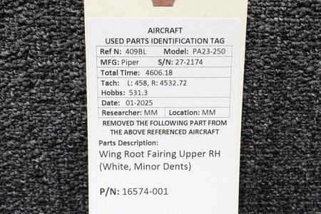 Piper Aircraft Parts 16574-001 Piper PA23-250 Wing Root Fairing Upper RH (White, Minor Dents)