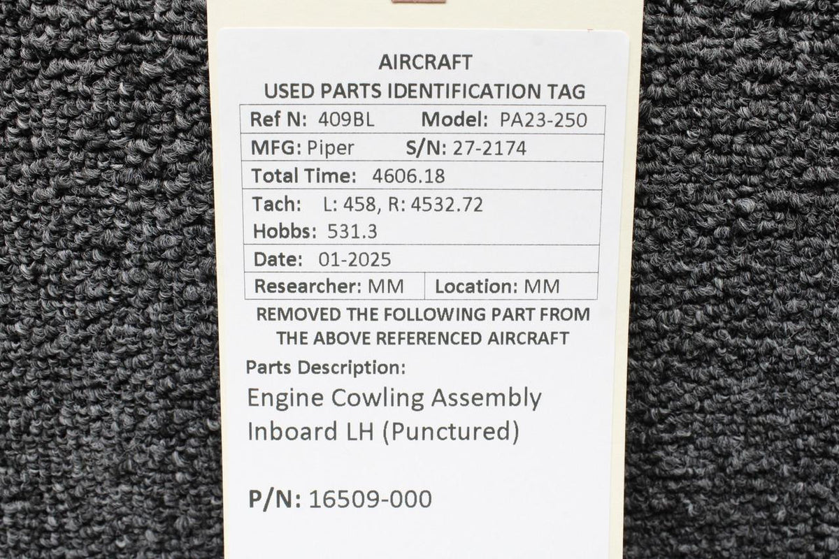 Piper Aircraft Parts 16509-000 Piper PA23-250 Engine Cowling Assembly Inboard LH (Punctured)