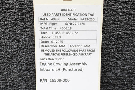 Piper Aircraft Parts 16509-000 Piper PA23-250 Engine Cowling Assembly Inboard LH (Punctured)