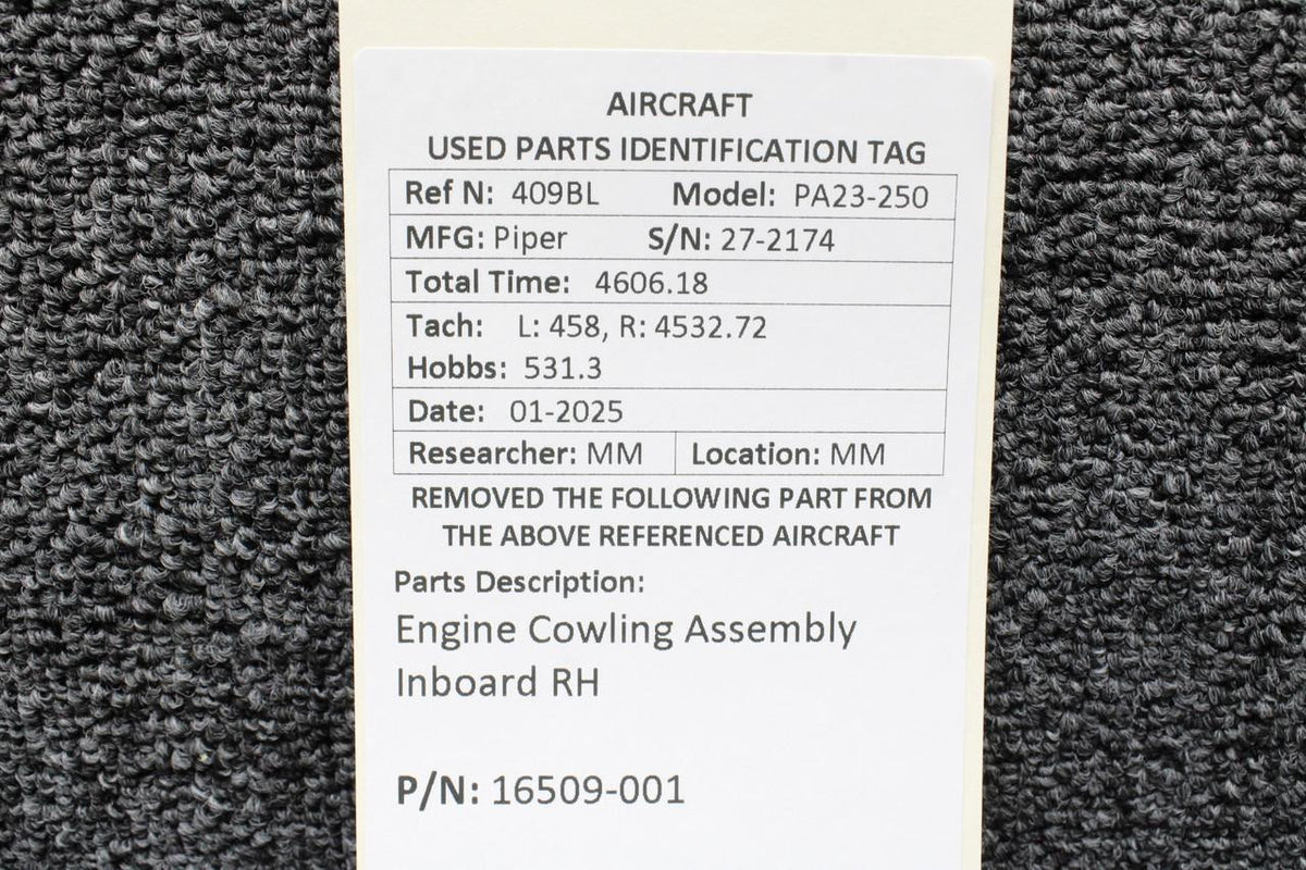 Piper Aircraft Parts 16509-001 Piper PA23-250 Engine Cowling Assembly Inboard RH