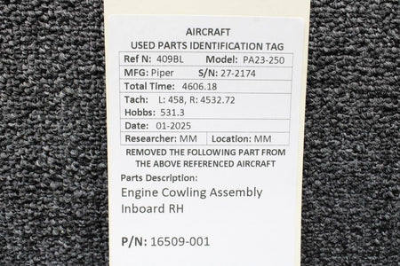 Piper Aircraft Parts 16509-001 Piper PA23-250 Engine Cowling Assembly Inboard RH