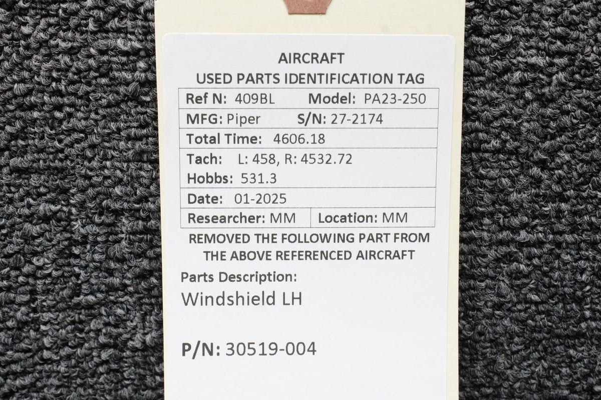 Piper Aircraft Parts 30519-004 Piper PA23-250 Windshield LH (Scratched)