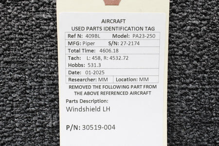 Piper Aircraft Parts 30519-004 Piper PA23-250 Windshield LH (Scratched)