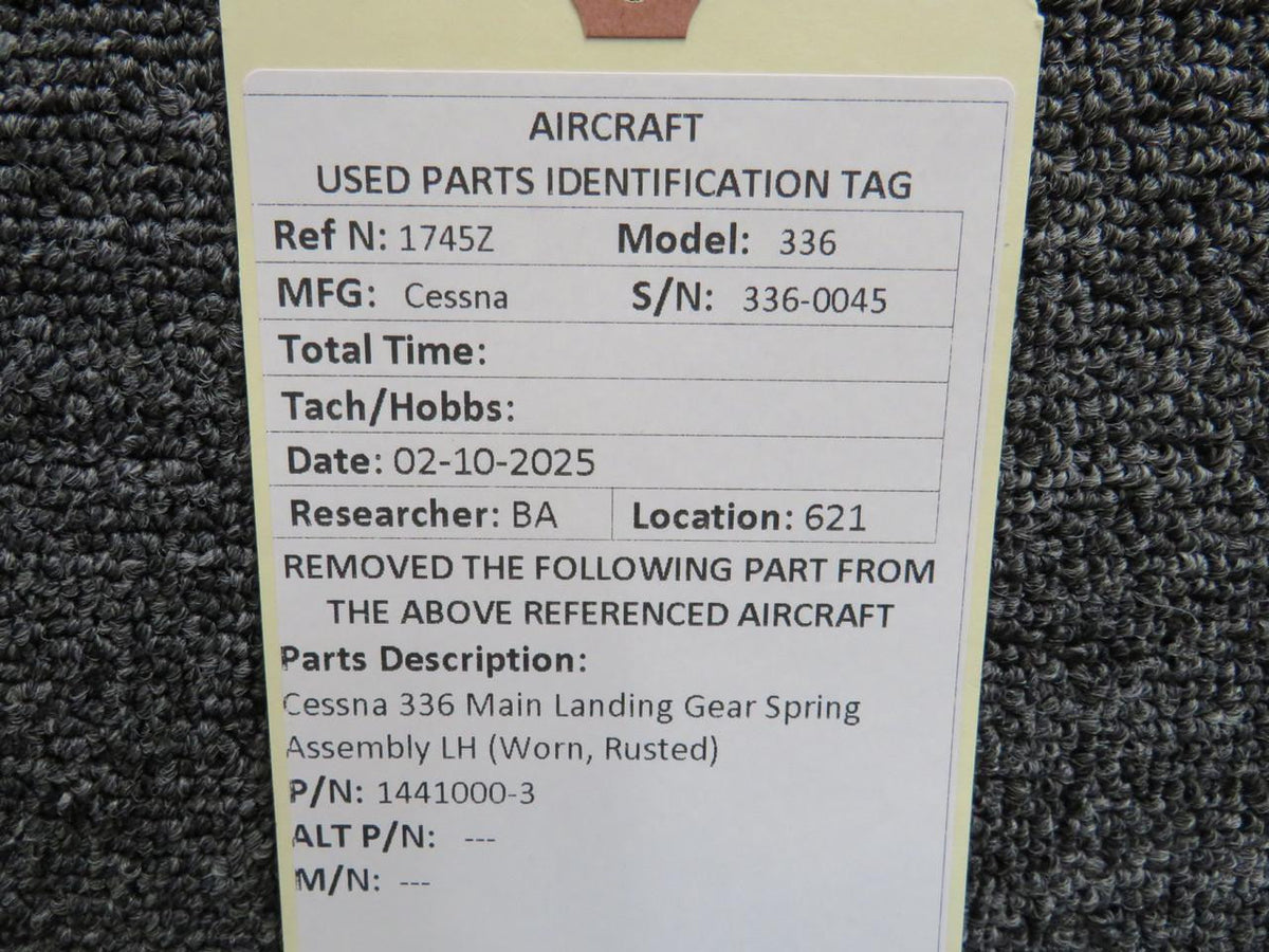 Cessna Aircraft Parts 1441000-3 Cessna 336 Main Landing Gear Spring Assembly LH (Worn, Rusted)