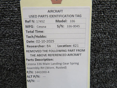 Cessna Aircraft Parts 1441000-4 Cessna 336 Main Landing Gear Spring Assembly RH (Worn, Rusted)