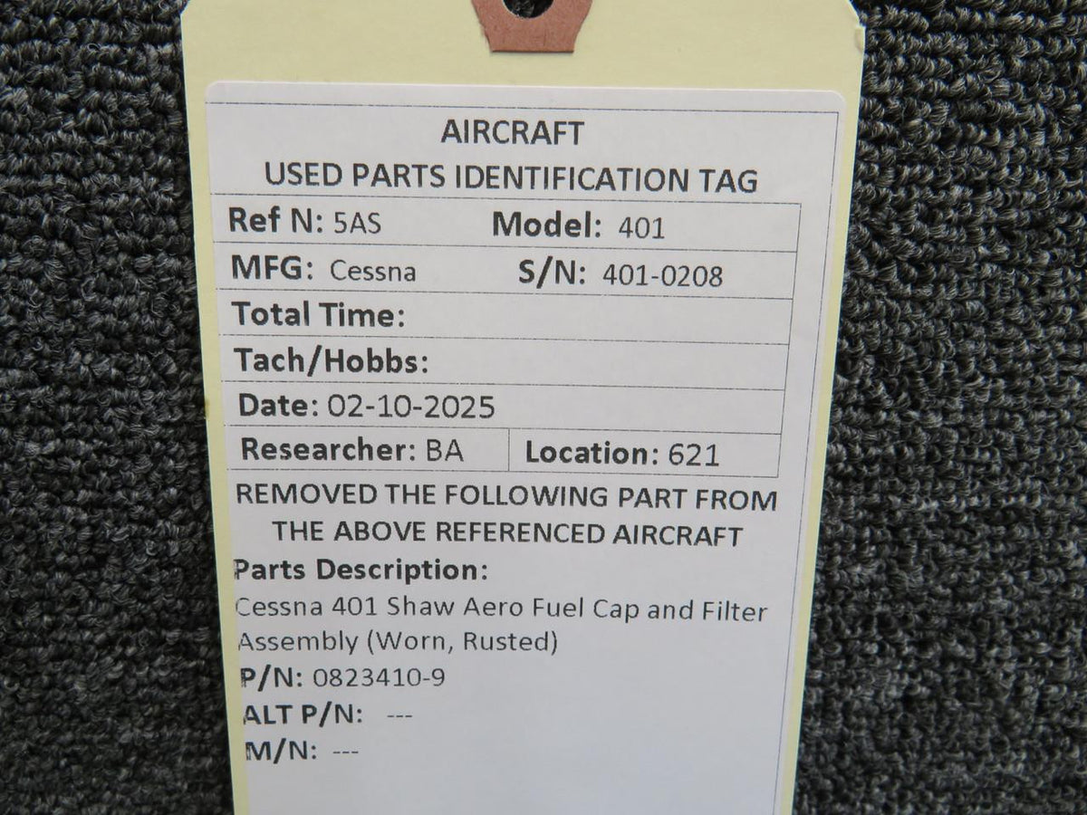 Cessna Aircraft Parts 0823410-9 Cessna 401 Shaw Aero Fuel Cap and Filter Assembly (Worn, Rusted)