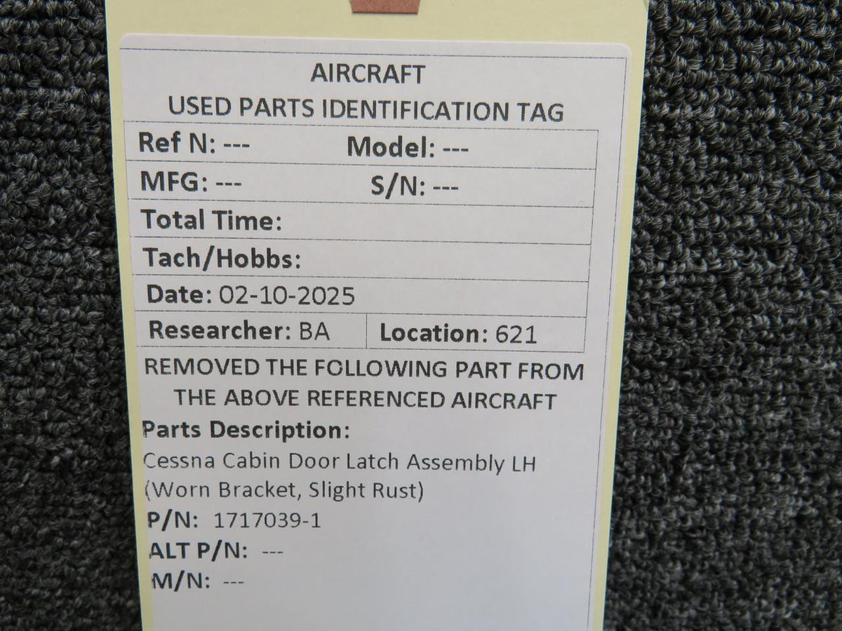 Cessna Aircraft Parts 1717039-1 Cessna Cabin Door Latch Assembly LH (Worn Bracket, Slight Rust)