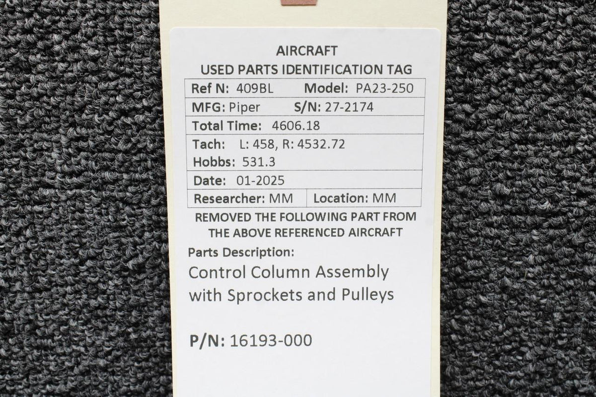 Piper Aircraft Parts 16193-000 Piper PA23-250 Control Column Assembly with Sprockets and Pulleys
