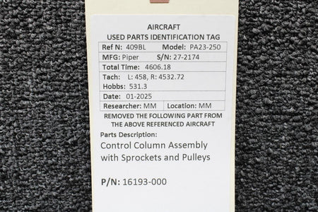 Piper Aircraft Parts 16193-000 Piper PA23-250 Control Column Assembly with Sprockets and Pulleys