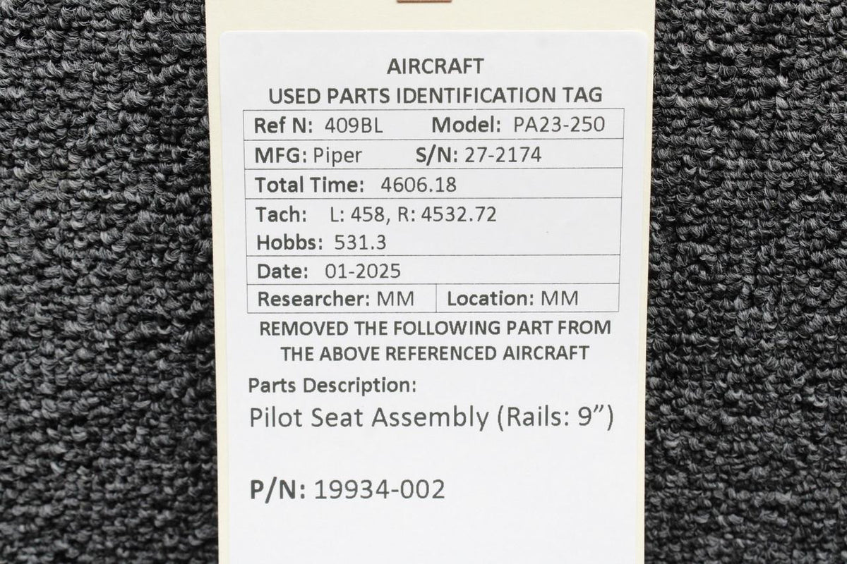 Piper Aircraft Parts 19934-002 Piper PA23-250 Pilot Seat Assembly (Rails: 9”)
