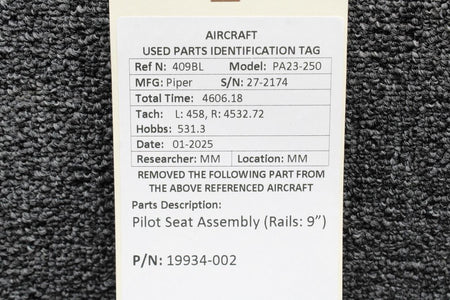 Piper Aircraft Parts 19934-002 Piper PA23-250 Pilot Seat Assembly (Rails: 9”)