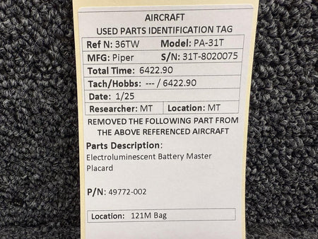Piper Aircraft Parts 49772-002 Piper PA-31T Electroluminescent Battery Master Placard
