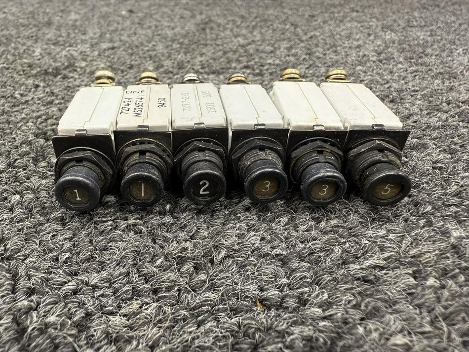 Klixon 7274-2-1, 7274-2-5 Klixon Push Circuit Breaker Set of 6 (Amps: 1, 2, 3, 5)