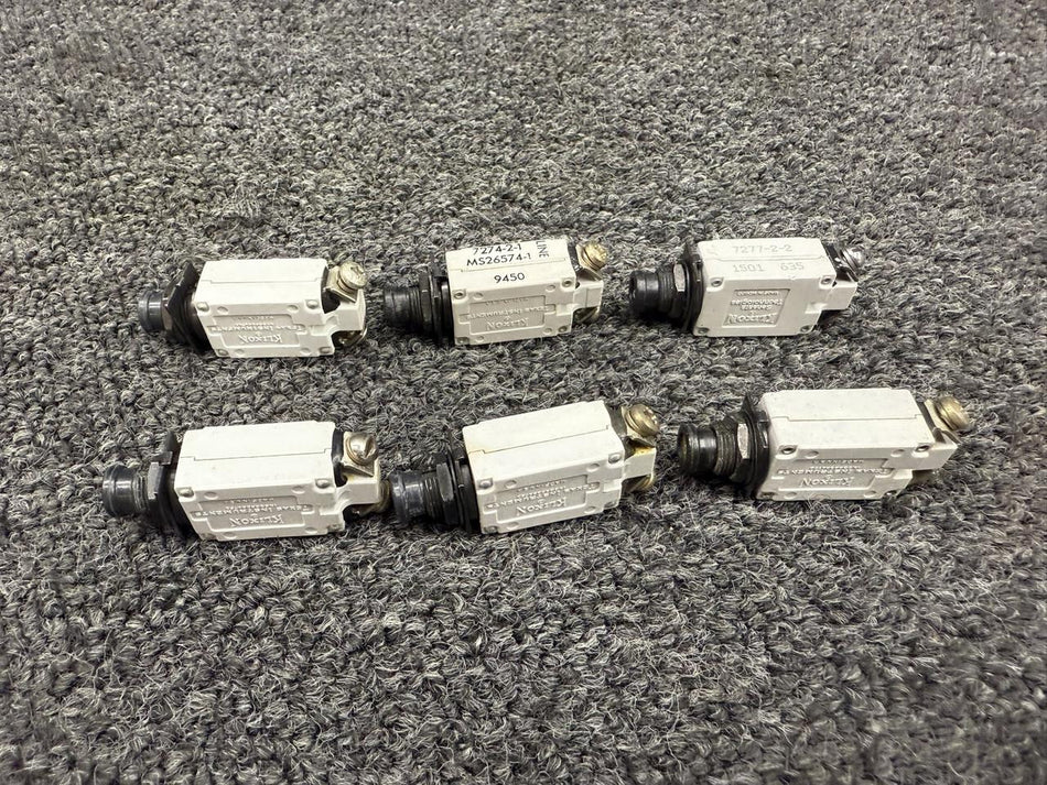 Klixon 7274-2-1, 7274-2-5 Klixon Push Circuit Breaker Set of 6 (Amps: 1, 2, 3, 5)