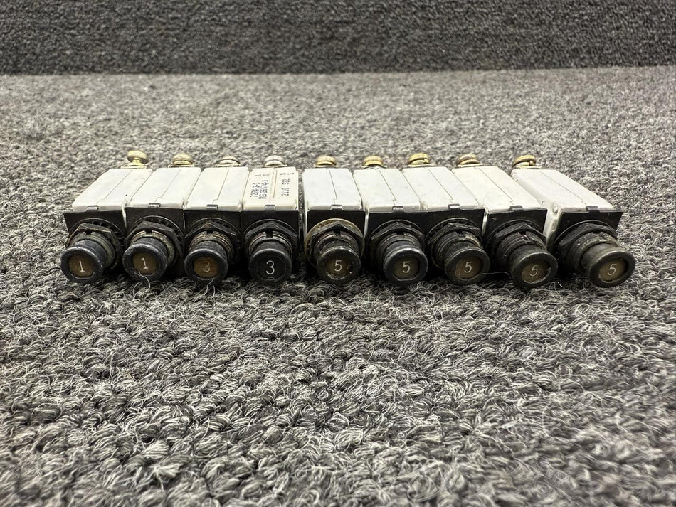 Klixon 7274-2-1, 7274-2-3, 7274-2-5 Klixon Push Circuit Breaker Set of 9 (Amps: 1, 3, 5)
