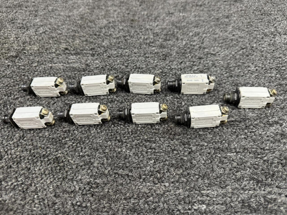 Klixon 7274-2-1, 7274-2-3, 7274-2-5 Klixon Push Circuit Breaker Set of 9 (Amps: 1, 3, 5)