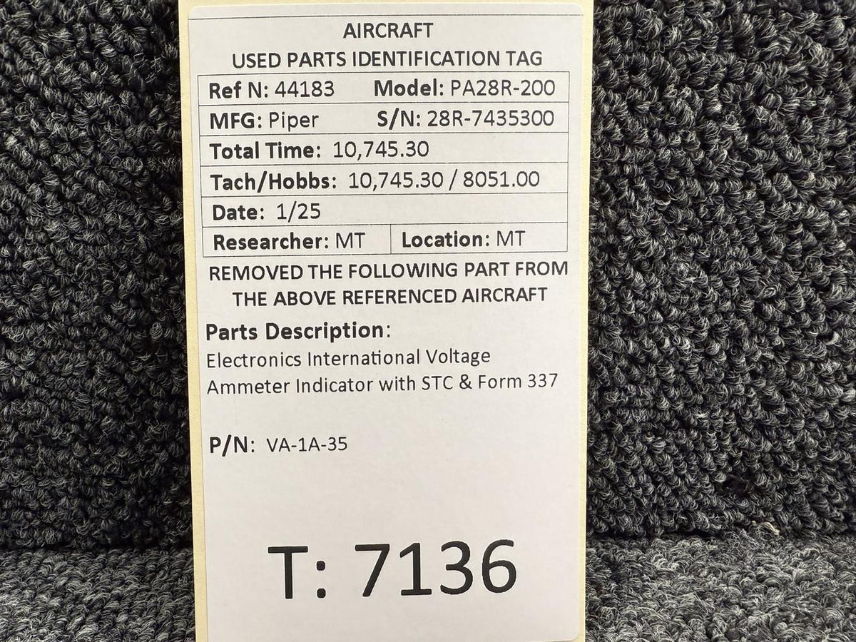 Electronics International VA-1A-35 Electronics International Voltage Ammeter Indicator with STC & Form 337