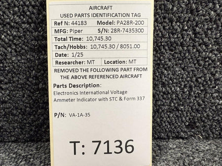 Electronics International VA-1A-35 Electronics International Voltage Ammeter Indicator with STC & Form 337