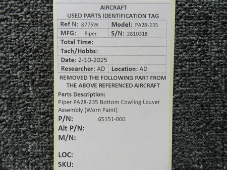 Piper Aircraft 65151-000 Piper PA28-235 Bottom Cowling Louver Assembly (Worn Paint)